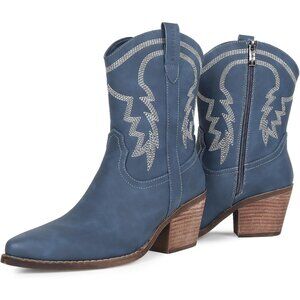 Women's Navy Blue Pointed Toe Embroidered Comfy Fashion Vintage Boot Wide Calf